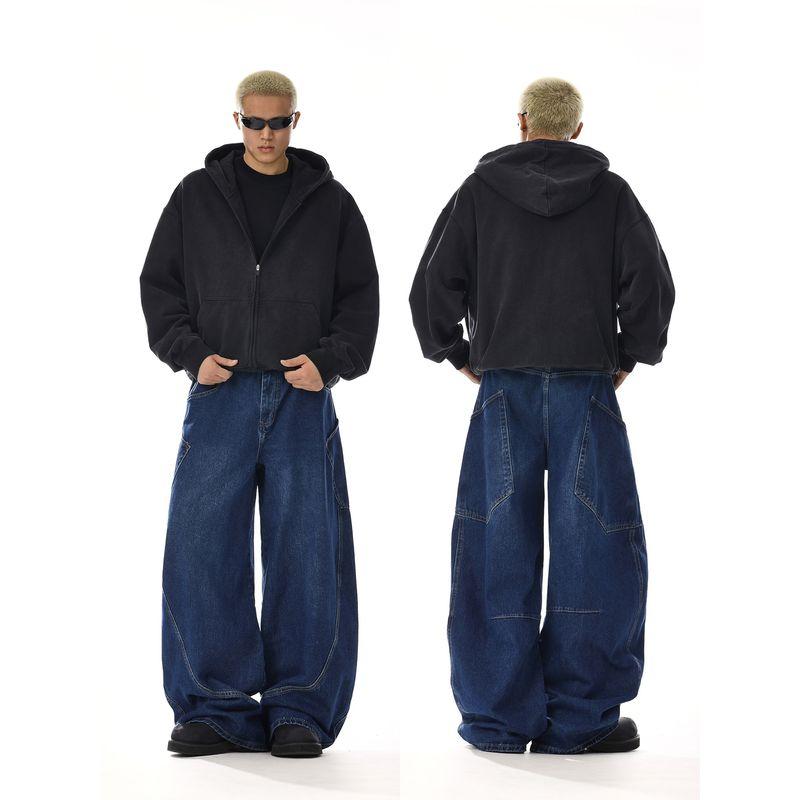 Retro Deconstruct Design Profile Denim Men and Women American Distressed Loose Straight-leg Mop Wide Leg Casual Trousers Fashion