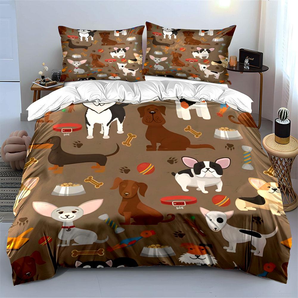 3Pcs Cute Dog Bedding Set, All-Over Cartoon Puppies Pattern Print Duvet Cover + 2 Pillowcases, Pet Lover Decor