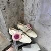 Leather~ Retro one-word belt removable flower shallow mouth single shoes women's soft-soled leather shoes shallow mouth ballet shoes