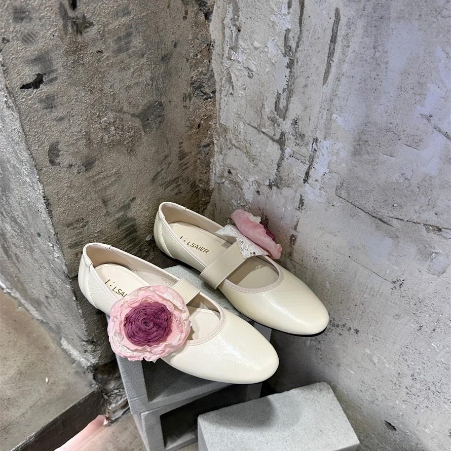Leather~ Retro one-word belt removable flower shallow mouth single shoes women's soft-soled leather shoes shallow mouth ballet shoes