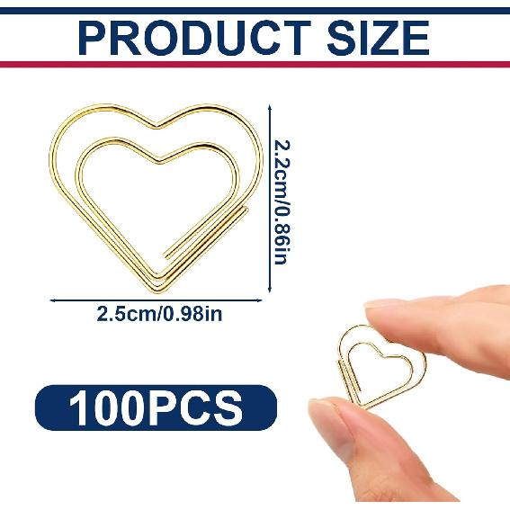 100 Pcs Heart Shaped Paper Clips Cute Decorative Fancy Mini Small Paperclips for Wedding Decoration Office School Home Desk Organizers Supplies Gold