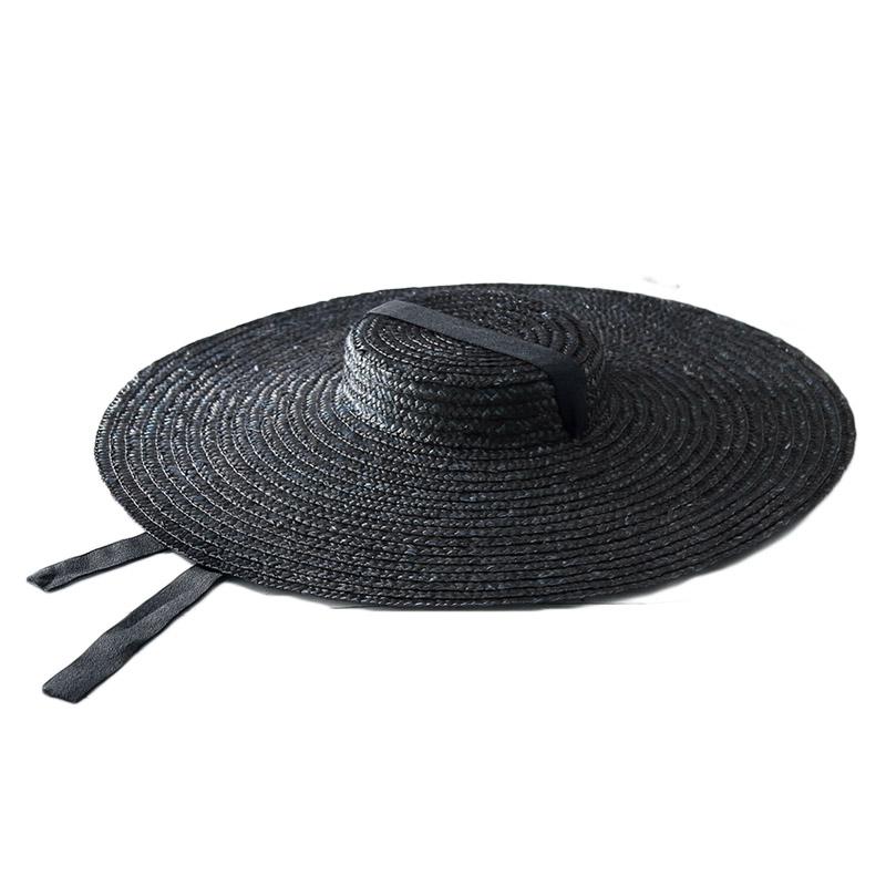 Cappello di Paglia a Tesa Larga 15cm con Parte Superiore Piatta Cappelli Estivi da Spiaggia per Donna Cappello Boater con Nastro Cappello da Sole Grigio Nero Rosso Rosa Blu Con Laccetto Sottogola