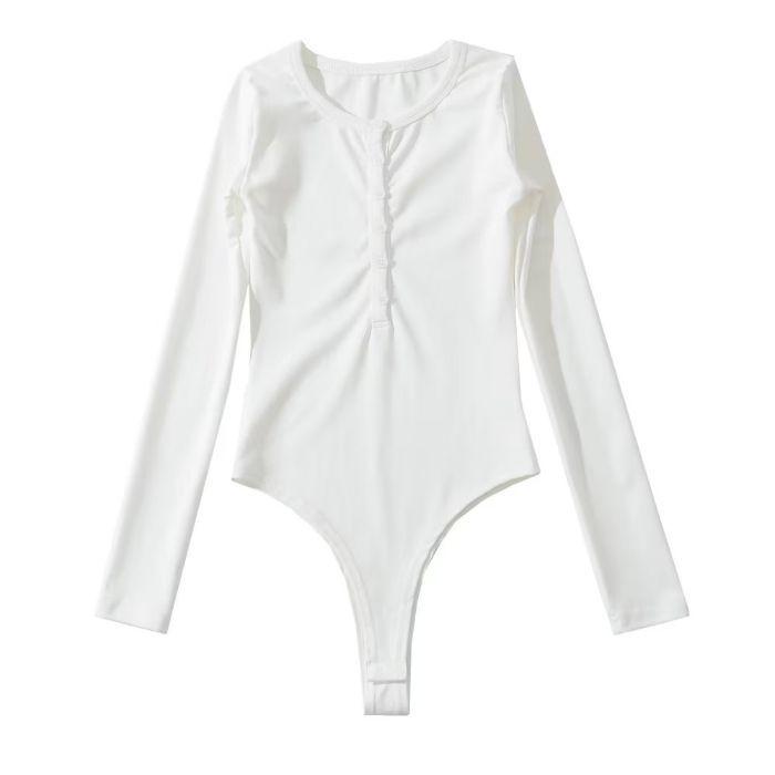 

Women s Sexy Round Neck Long Sleeve Jumpsuit – Autumn/Winter Slim Fit Base Layer with Crotch Snap Medium білий