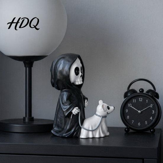 Wear-resistant Resin Sculpture Grim Reaper & Ghostly Puppy Figurine Black Robed Skeleton