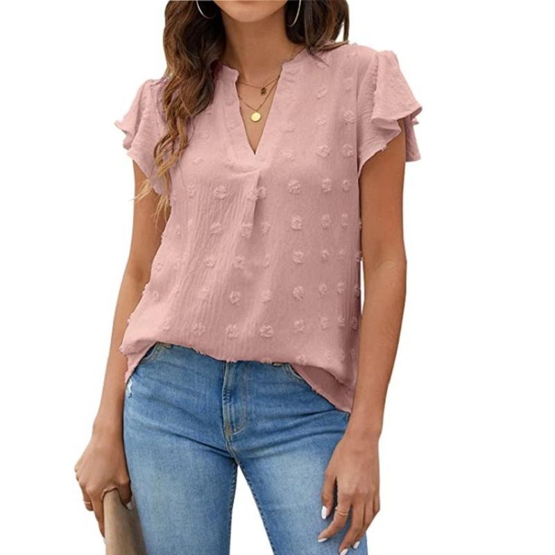 Women's Summer New V-Neck Ruffled Peplum Sleeve Pom-Pom Blouse Chiffon Shirt