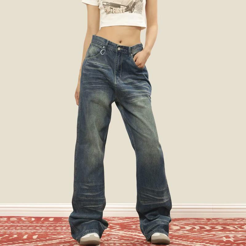 Unisex High-Street Retro Distressed Straight-Leg Jeans
