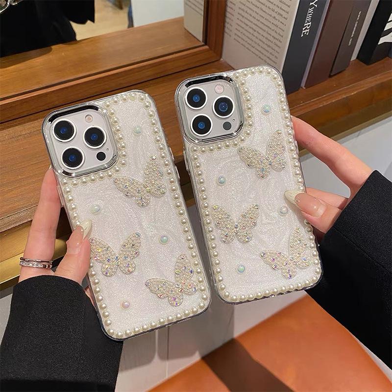Applicable To Apple 16Promax Mobile Phone Case Iphone15 Xiaoqing Fresh Air 17 Pearl Transparent Butterfly Glitter