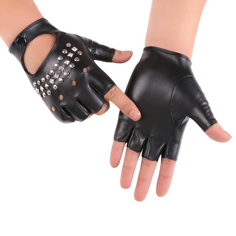 Street Dance Half Finger Gloves Men's Nightclub Pole Dance Rivet Gloves Performance Dance Spring and Summer Dance Performance Leather Gloves