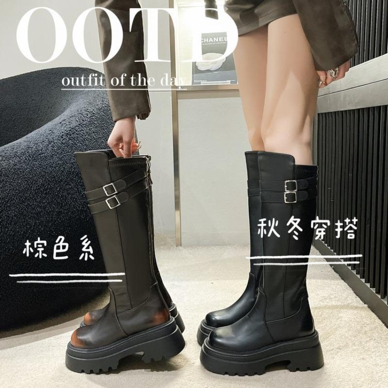 Knee Over Long Boots For Women  New Retro Round Toe Thick Soled High Boots With Thick Heels And Leather Buckle Elastic Boots