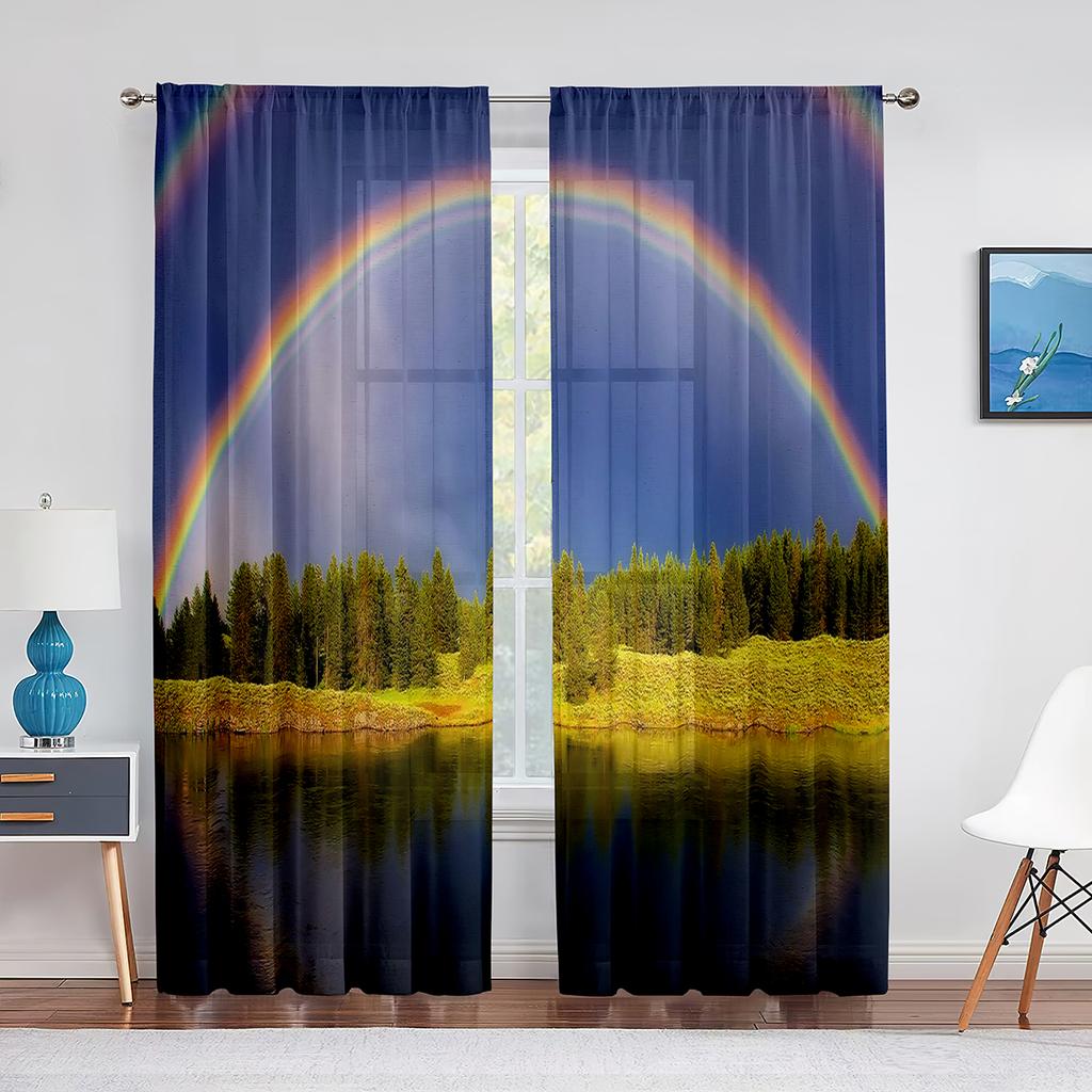 Idyllic Spring Meadow On The Mountains with Flowers Rainbow Sheer Voile Curtains for Living Room Kitchen Window Tulle Curtain