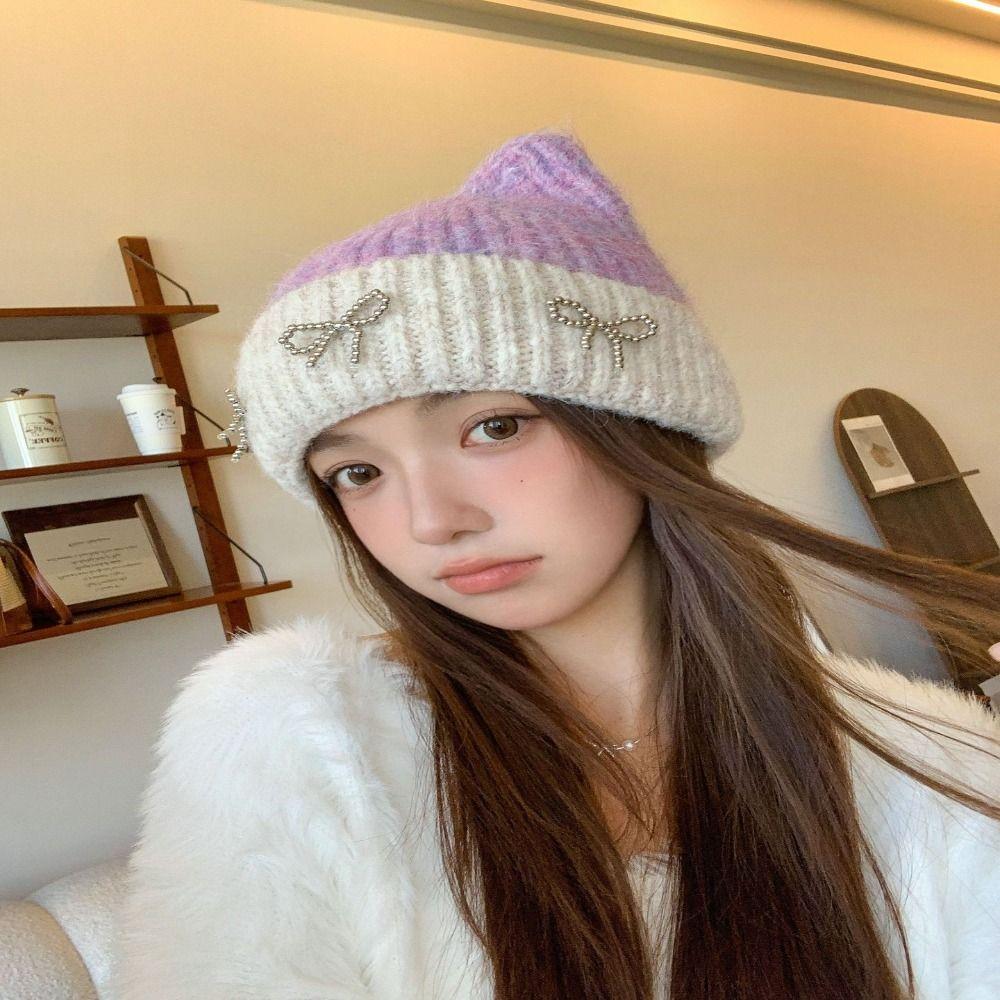 Casual Bowknot Knitted Hat Knitted Cat Ear Beanie Caps Windproof Fiber Winter Hat