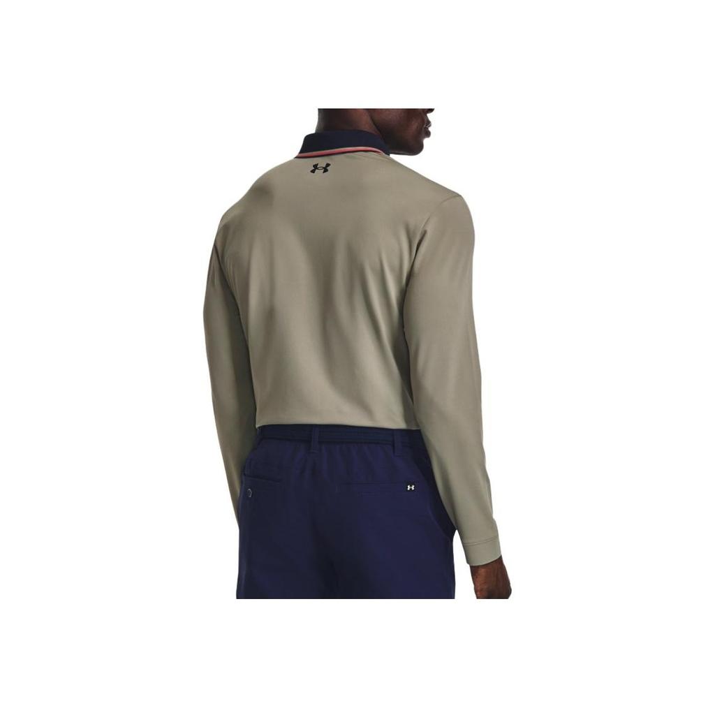 Under Armour Color Block Striped Collar Long Sleeve Polo Shirt Men tops Olive 1380786-504