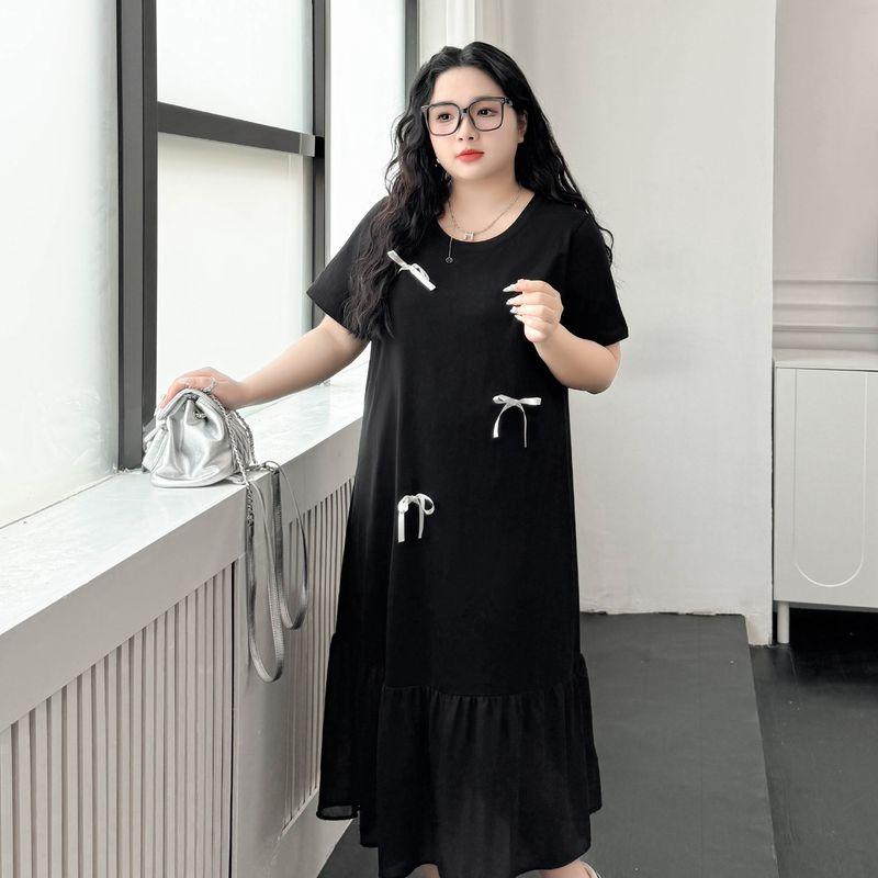 

Plus size women clothing [Korean Series Street Black Dress] round Neck Bow Patchwork Short sleeve Belly Covering Long Full Body Dress Night Sky Black 3XL