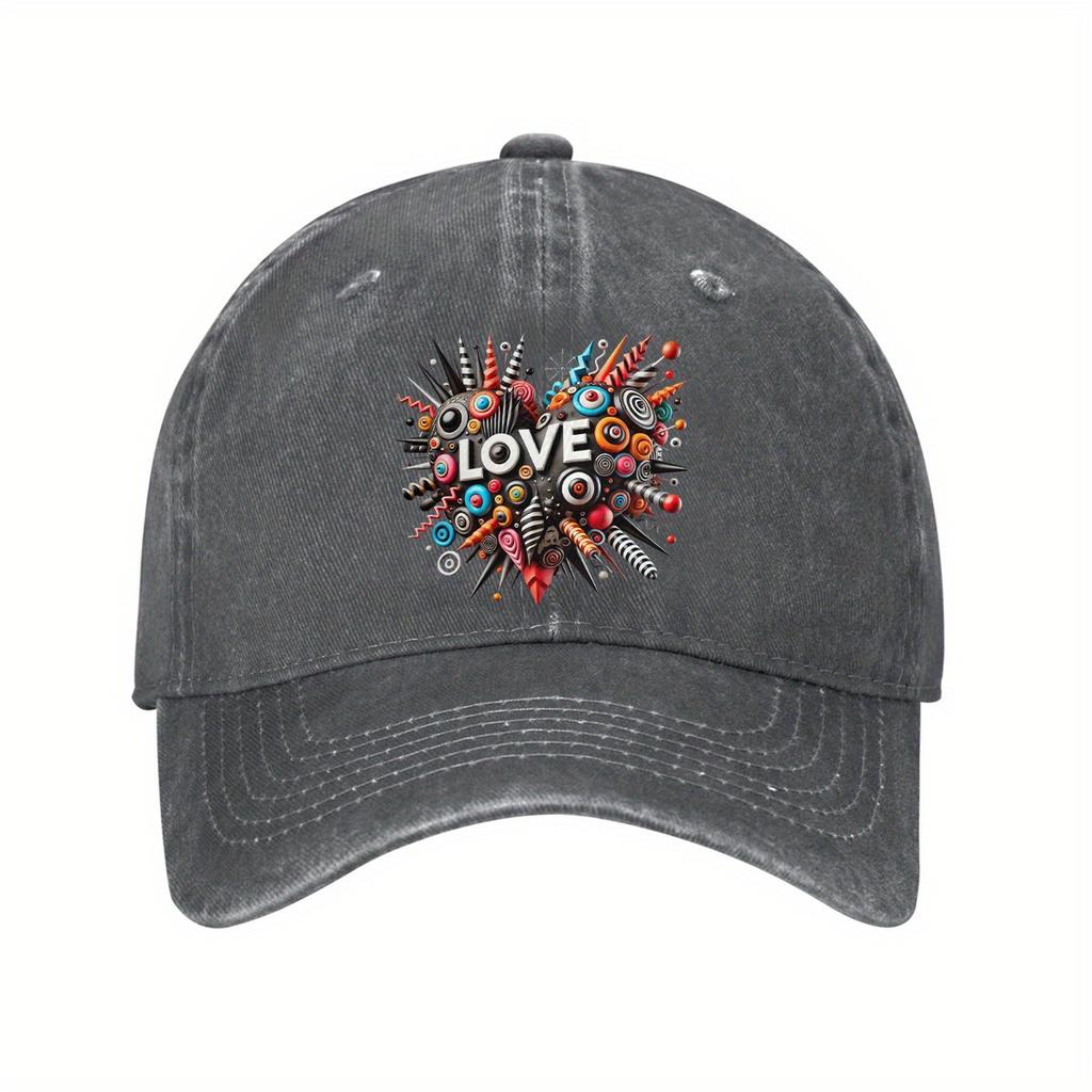 Abstract Love Heart Graphic Print Denim Baseball Cap Casual Adjustable Unisex Cotton Hat for Outdoor Sports