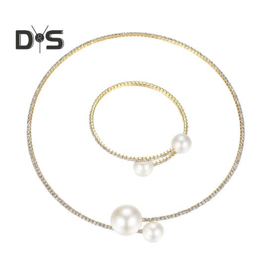 2Pcs/Set Women Elegant Jewelry Set Shiny Rhinestones Faux Pearls Adjustable Open Collar Necklace Bangle Set