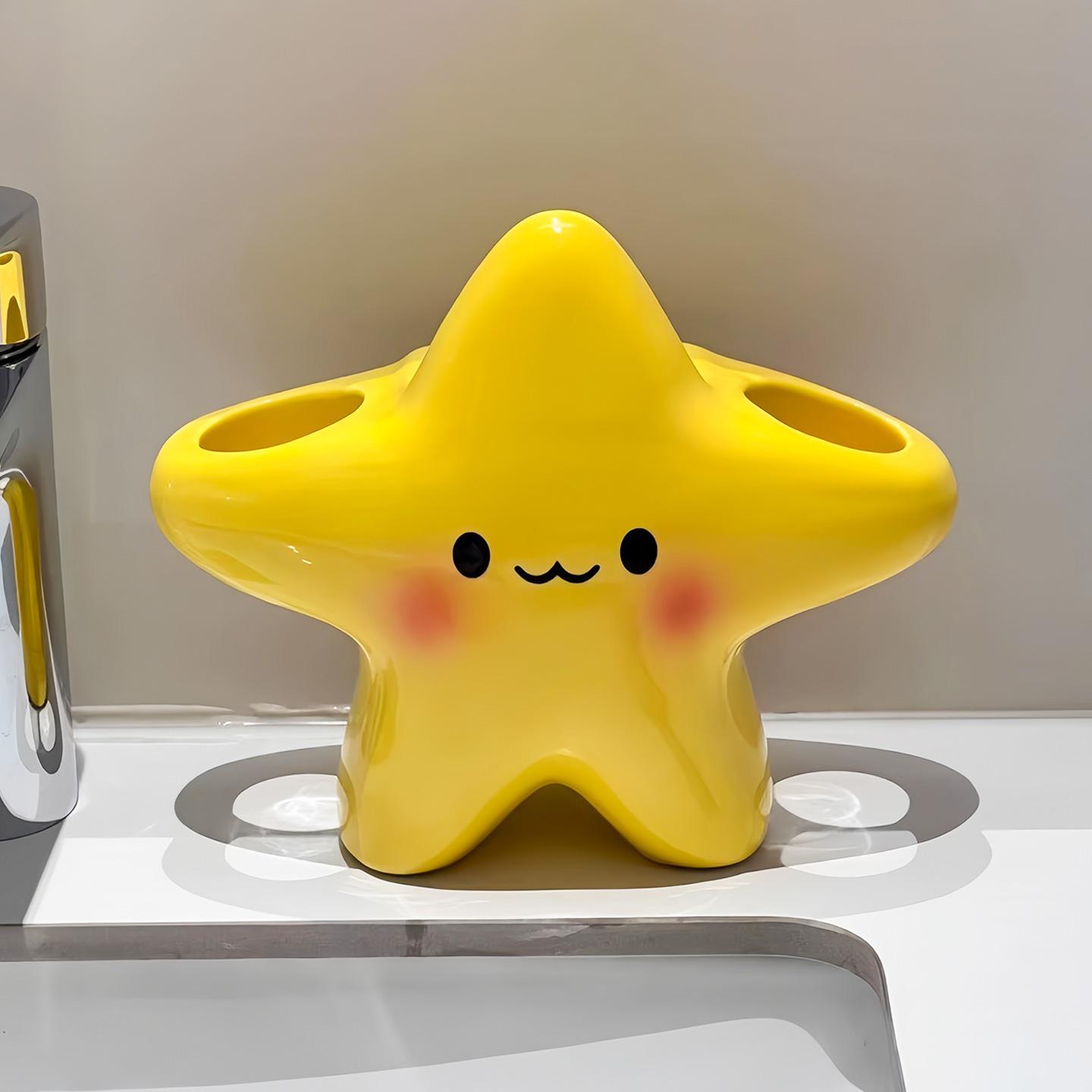 

Cute Cartoon Star Toothbrush Holder, Toothbrush Organizer with Toothpaste Shelf for Bathroom Countertop