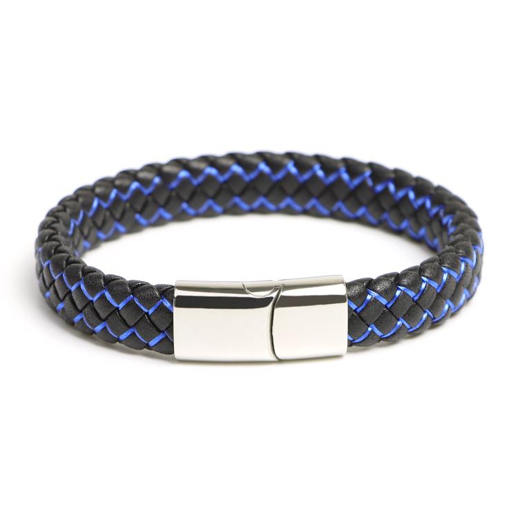 European Men Fashion Black Blue Leather Braided Bracelet Magnetic Clasp Charm Bangles Bracelet