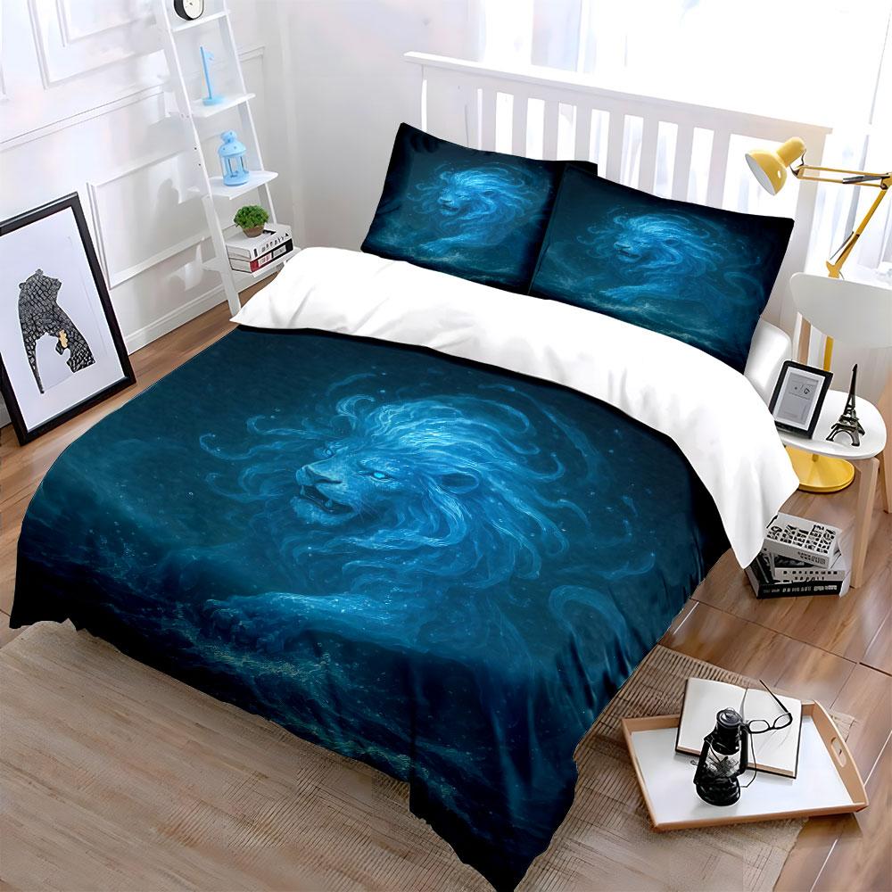 Glowing blue lion portrait. Bedding sets Duvet cover sets Duvet covers Pillowcases(1 * Duvet Cover 2 * Pillowcases without duvet insert)