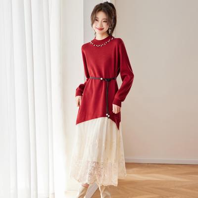 Lace-Trim Two-Piece Knit Dress with Belt - Women's Mid-Length Autumn/Winter Sweater 2025 Collection