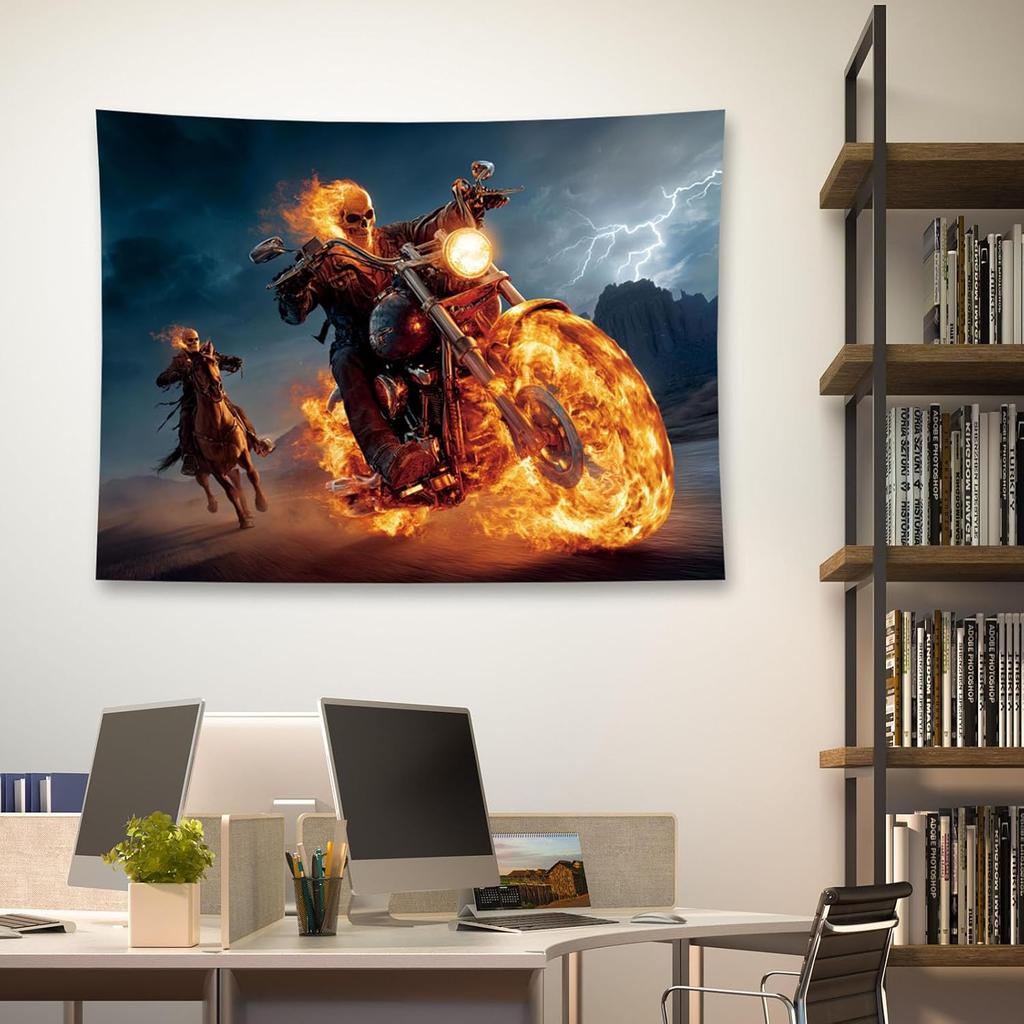 Flaming Skull Rider on Motorcycle and Horse Wall Mural 2D HD Print Action Scene Fantasy Art Dark Theme Home Bedroom Tapestry