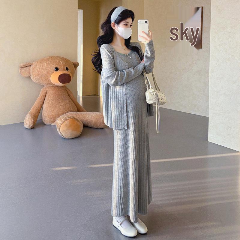 Spring 2026 Korean Style Maternity Ribbed Knit Bow Cardigan & Dress Set L