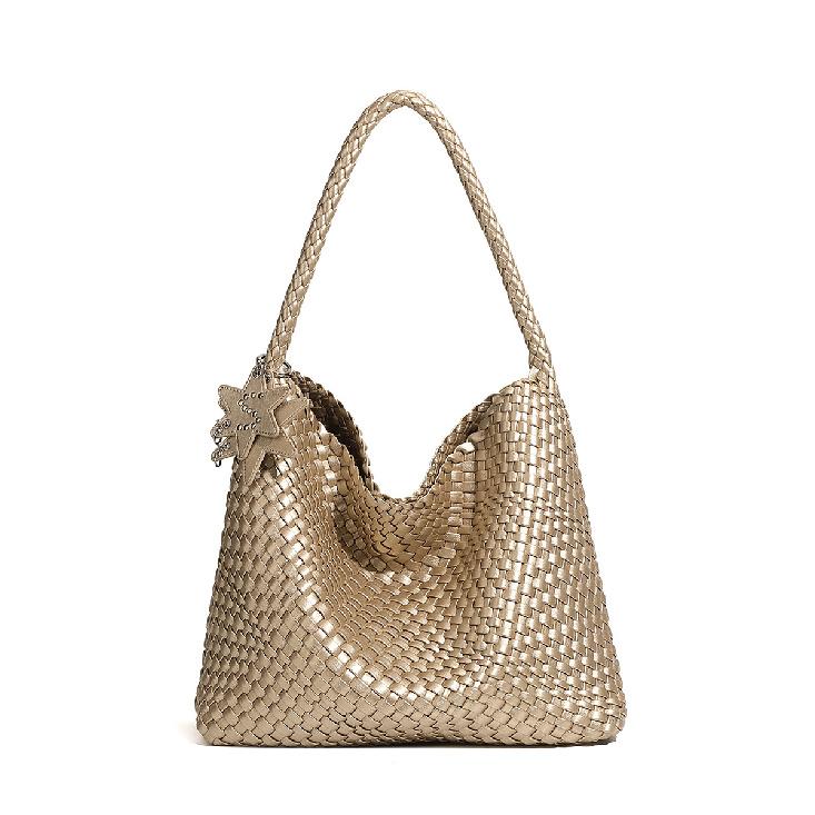 Original design autumn and winter champagne-colored woven tote bag, large-capacity commuter handbag, fashionable women's shoulder bag