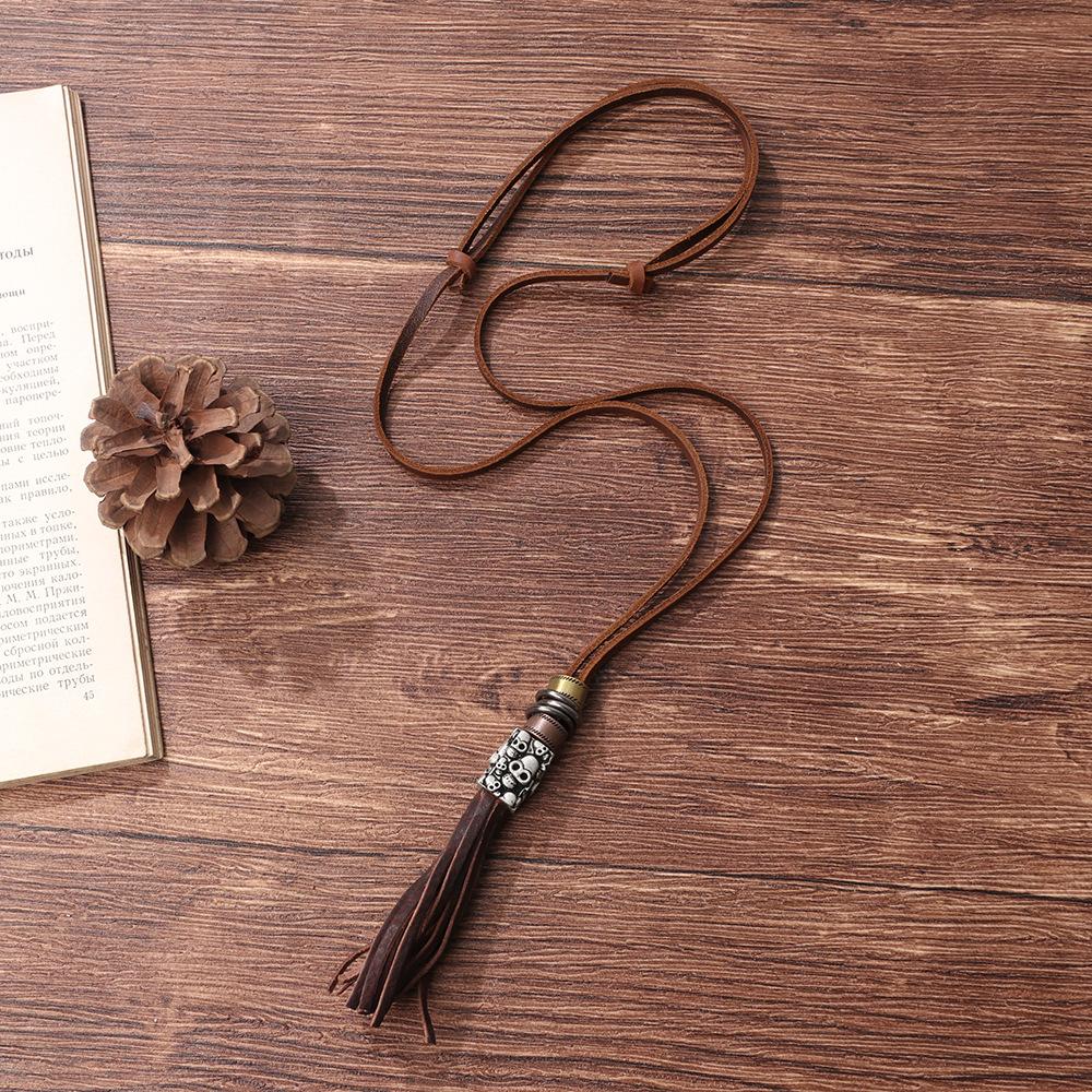 JMXD Vintage Leather Fringe Skull Multi-Strand Long Necklace Punk Rock Statement Charm Fashion Accessory Unisex