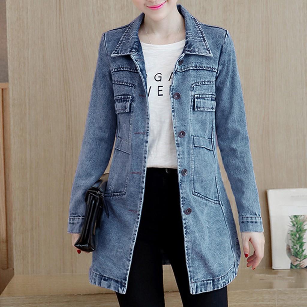 Plus Size Fashion Lapel Women Casual Denim Buttons Vintage Jeans Jacket Cardigan