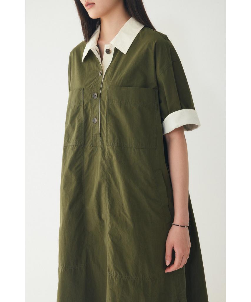 STUDIO TOMBOY Color Block Collared Short Sleeve Dress_Dark Khaki 9176241983