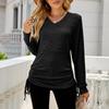 Ladies Casual Color Long Sleeve V-neck Side Drawcord Pleats T-Shirt Top