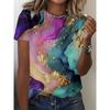 Fashionable Marbled Print Short-sleeve T-shirt with Round Neck