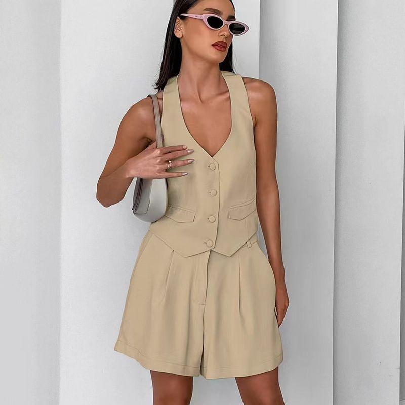 

Western Style Summer Hanging Neck V-neck Vest Shorts Two-piece Set Hanging Neck Vest Shorts Set Khaki L