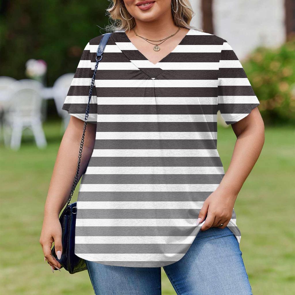 Women's Plus Size Fashionable Casual Loose-Fit Short Sleeve Elegant V Neck Blouse For Work