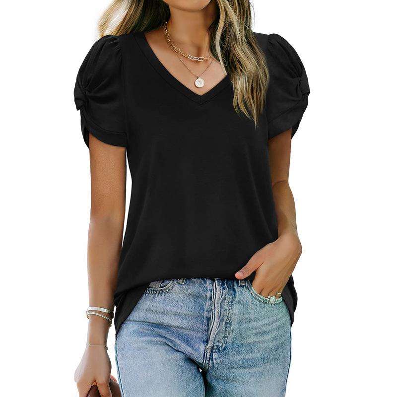 Ladies Summer Knot Short Sleeve V Neck Solid Color Pullover T Shirt Top