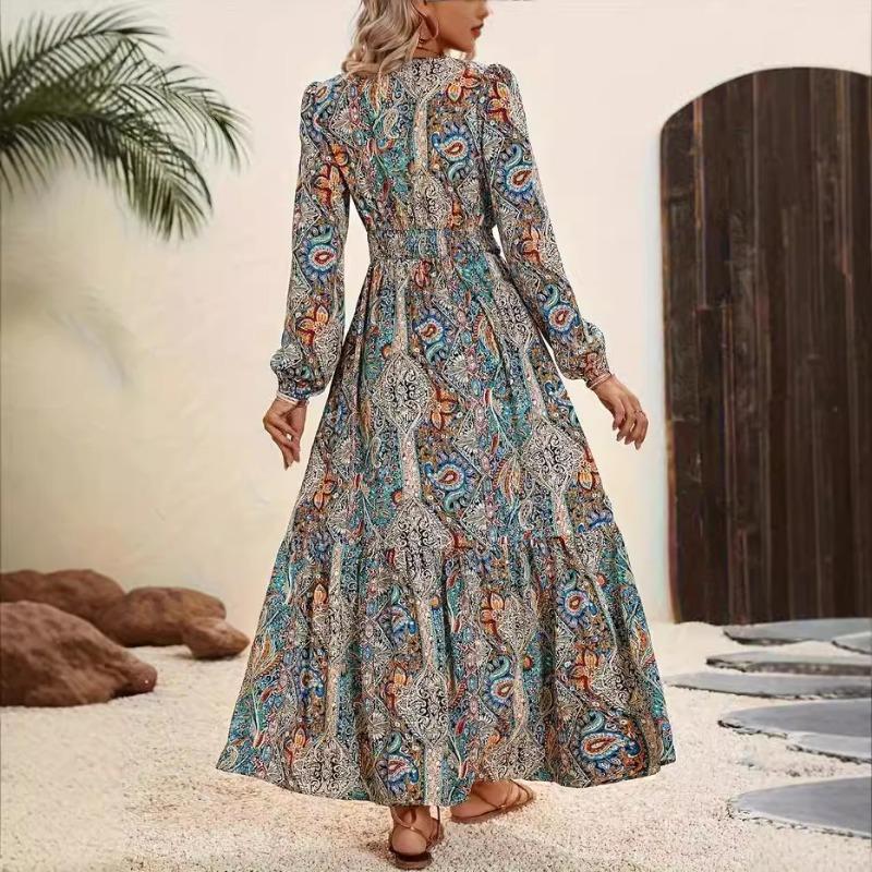 Fall Floral Dress Women's Printed V-neck Dress