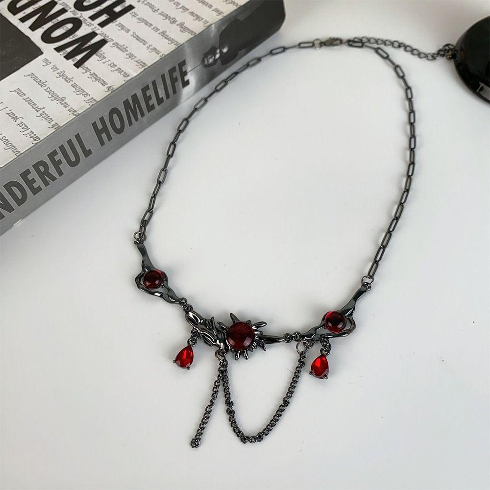 Punk Red Zircon Pendant Necklace Dark Gothic Silver Black Tassel Chain Choker Layered Hip Hop Collarbone Neck Chain for Women