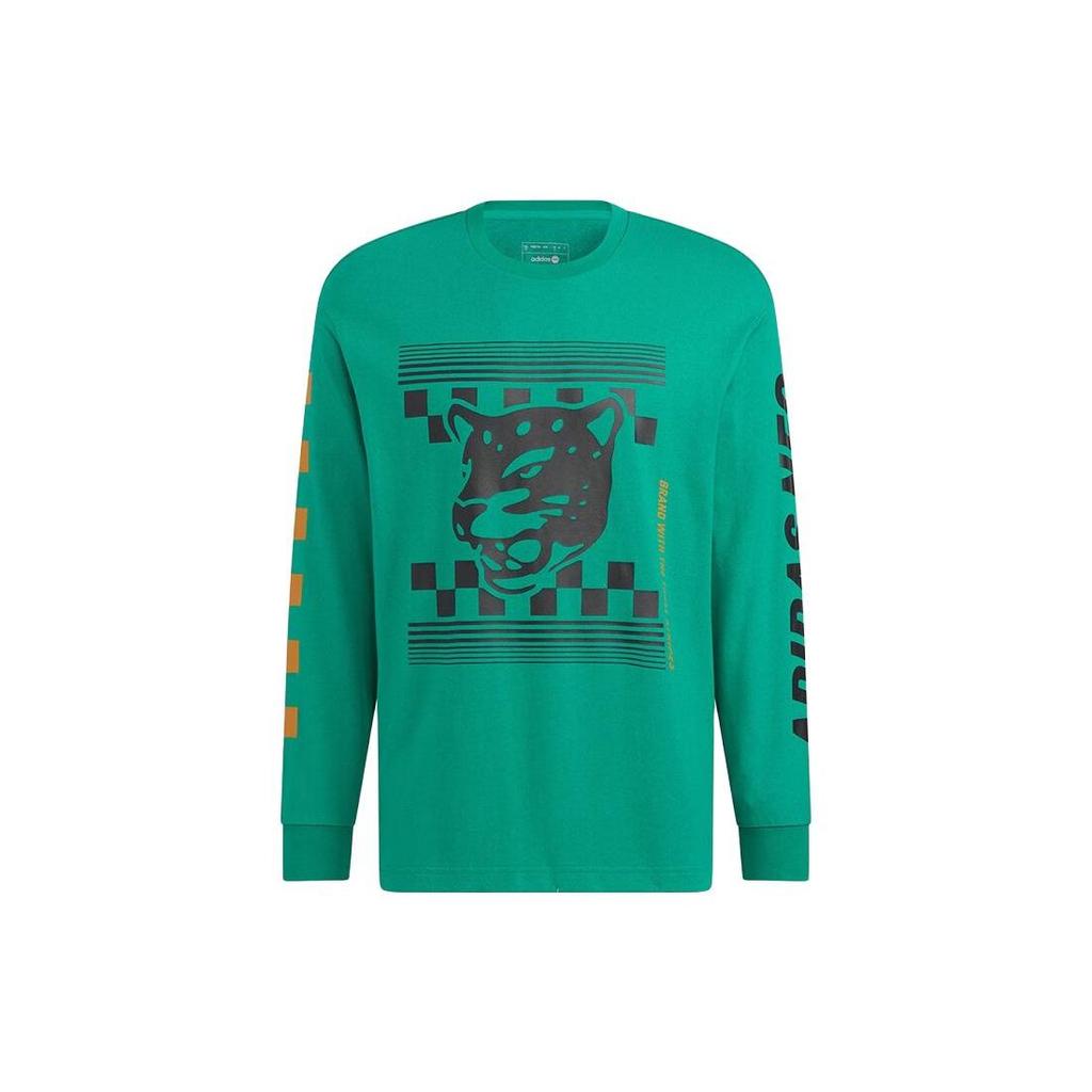 Adidas Neo Logo Print Fashion Comfortable Loose Breathable Knit Crew Neck Long Sleeve Drop Shoulder T-Shirt Unisex T-Shirt Green HN4749