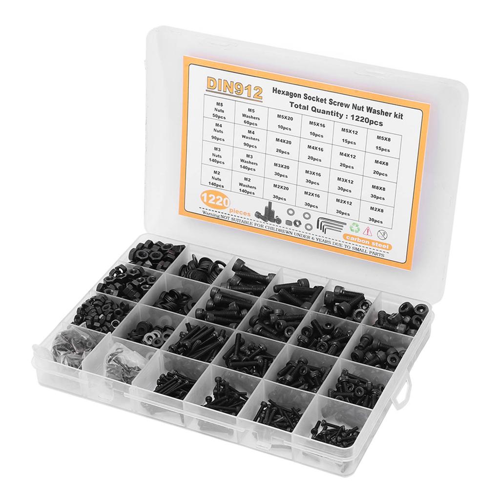 1220 Stück Innensechskant Schrauben Muttern Unterlegscheiben Sortimentskasten Zylinderkopf Kohlenstoffstahl M2 M3 M4 M5 Schwarz