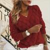 V-Ausschnitt Strickpullover, Herbst-Winter Strickfeder Lochmuster V-Ausschnitt Langarmpullover für Damen