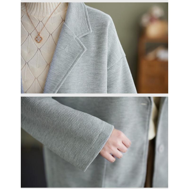 GMXIA Autumn Waffle Extra Suit Collar Short Loose Long-sleeved Top for Women
