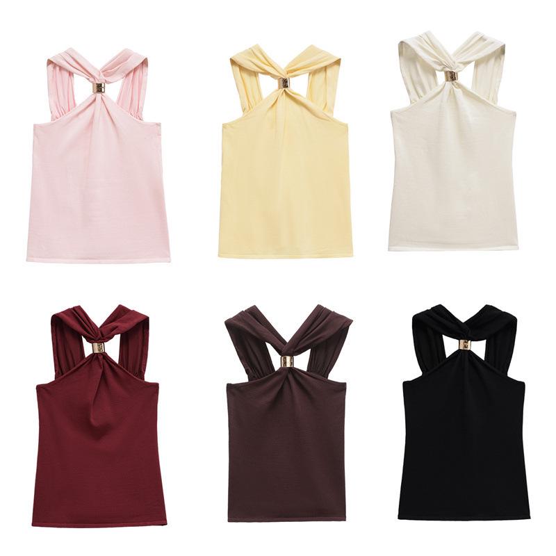 Metal Buckle Twisted Halter Slimming Women's Tank Top