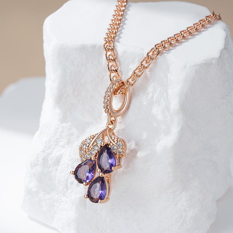 Shiny Purple Natural Zircon Crystal Flower Pendant Necklace For Women Trend  Rose Gold Color Fine Daily Jewelry