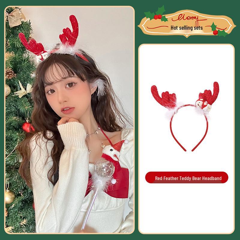 Red Antler Pompon Hair Clip: Sweet Christmas Bow Headband for Women