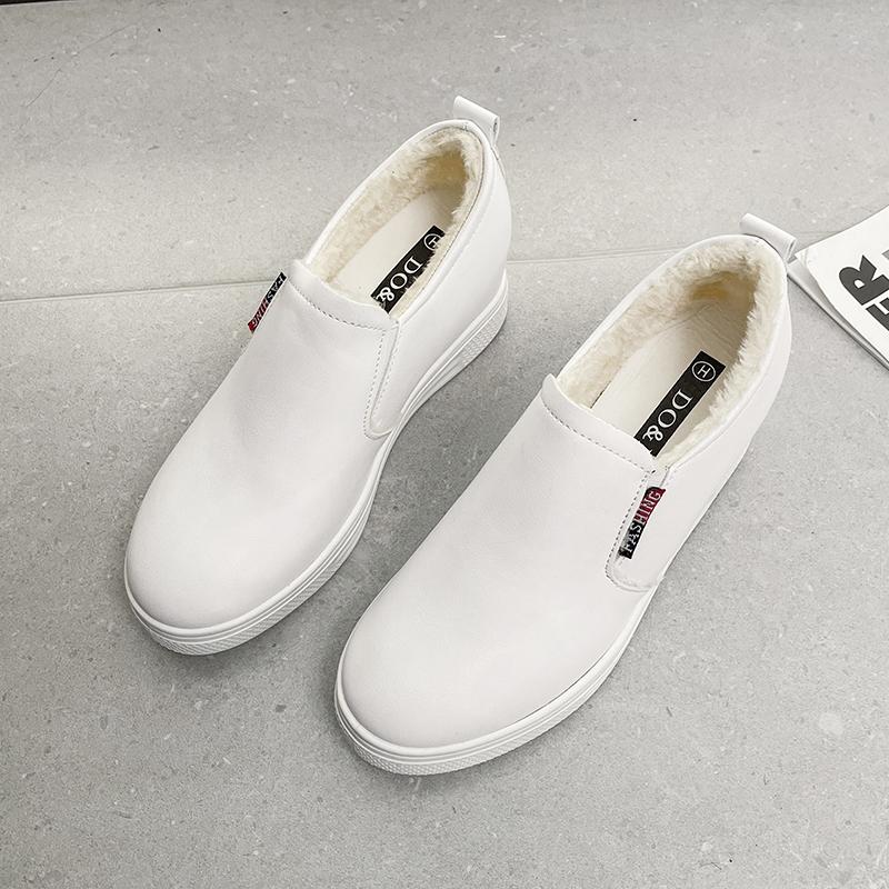 Mode Damen Leder Frühlingstrend Lässige flache Schuhe Mode Einfarbig Slipper Dicksohlige vulkanisierte Schuhe für Damen Plus Samt