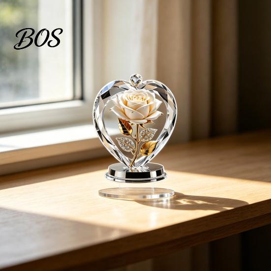 Crystal Rose Ornament Acrylic Ornament, 2D Flat Flower Decoration with Base, Table Art Centerpiece Romantic Desktop Decor for Home Shelf Cabinet
