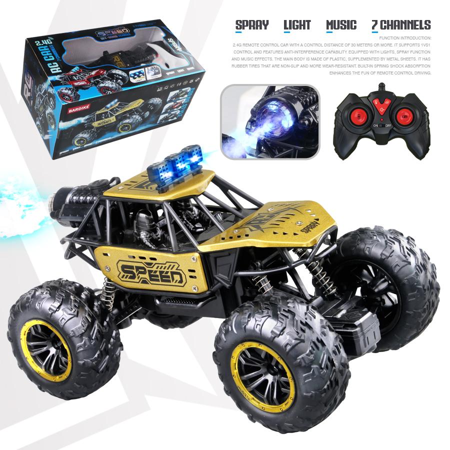2.4g Remote Control Off-Road Alloy Car with Shock Absorbers, Climbing Fast Car with Music, Lights, and Spray, Children's Electric Rc T