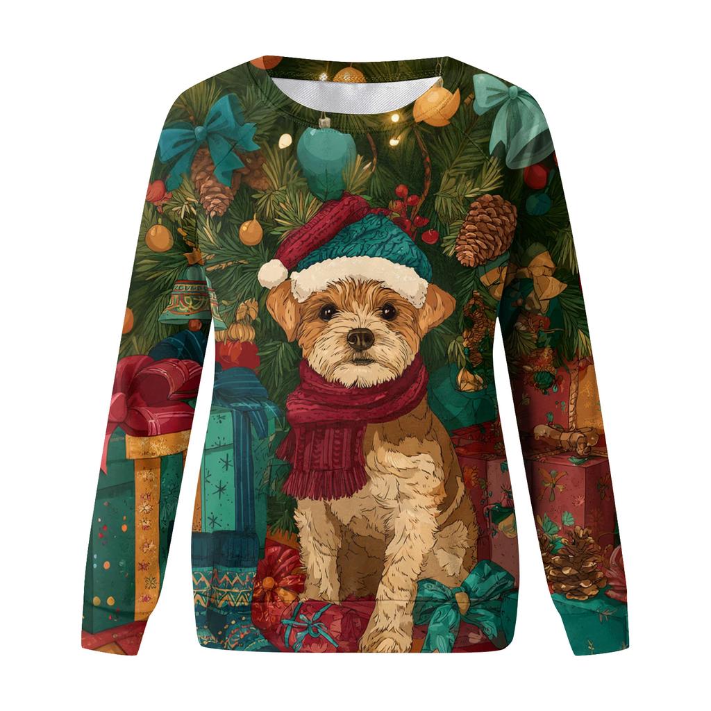 Women's Fashion Casual Long Sleeve Christmas Printed Neck Sweatshirt Top