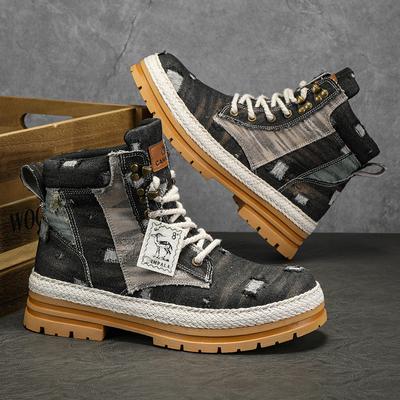 Trendy Color Matching Denim Tooling Boots for Men Lace-up Outdoor Fashion Motorcycle Boots Comfortable Non-slip Casual Men Shoes