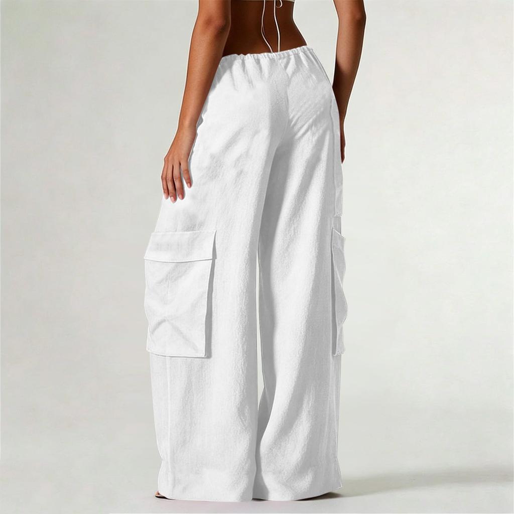 Pantaloni da Donna Casual a Vita Alta a Gamba Larga per Vacanze al Mare con Tasche