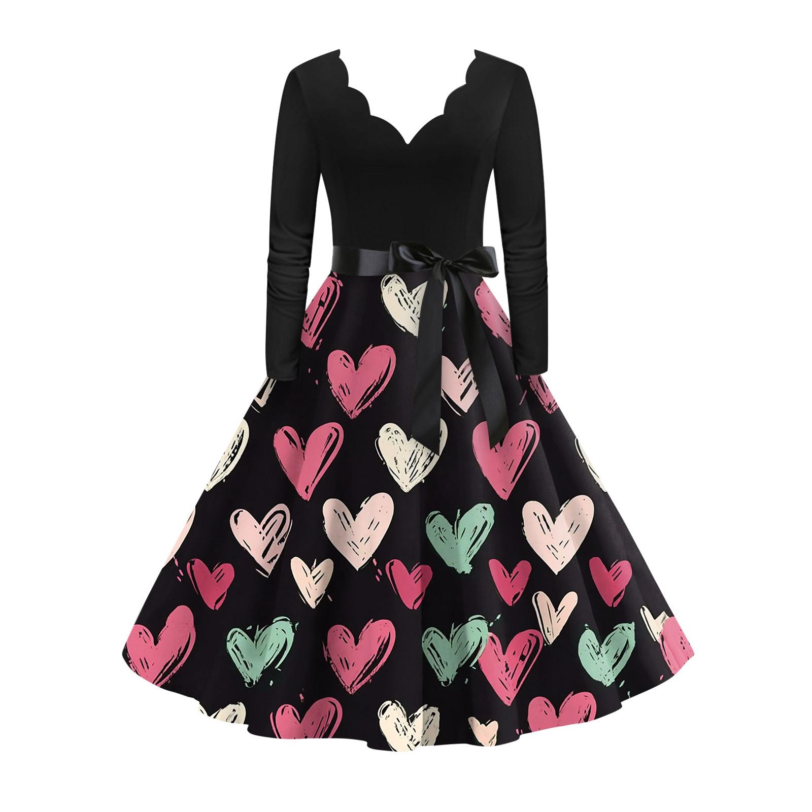 

Women s stylish and elegant long,sleeved V,neck heart,shaped dress for Valentine s Day L чорний